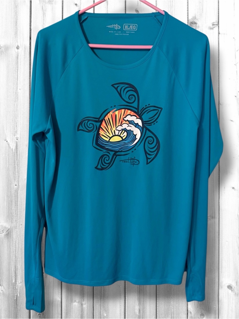 🌼Reel Life Blue Long Sleeve Tee with Turtle Sunrise Graphic